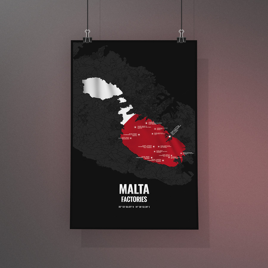 Malta City Street Map Poster, Alu-Dibond Fireworks Factories