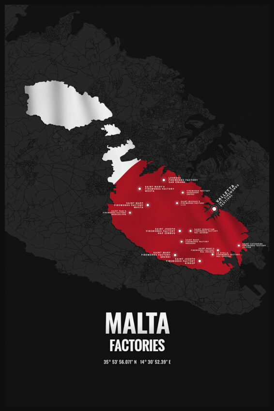 Malta City Street Map Poster, Alu-Dibond Fireworks Factories