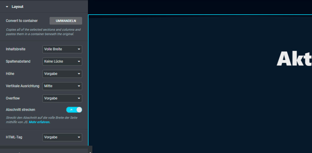 Elementor Full width stretch fix Abschnitt strecken