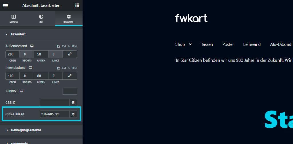 Elementor Full width stretch fix CSS Klasse definieren
